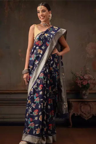 Navy blue woven pure cotton ethnic saree with blouse piece