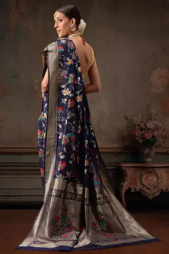 Navy blue woven pure cotton ethnic saree with blouse piece