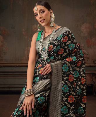 Black woven pure cotton ethnic saree with blouse piece 1