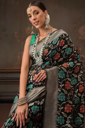 Black woven pure cotton ethnic saree with blouse piece