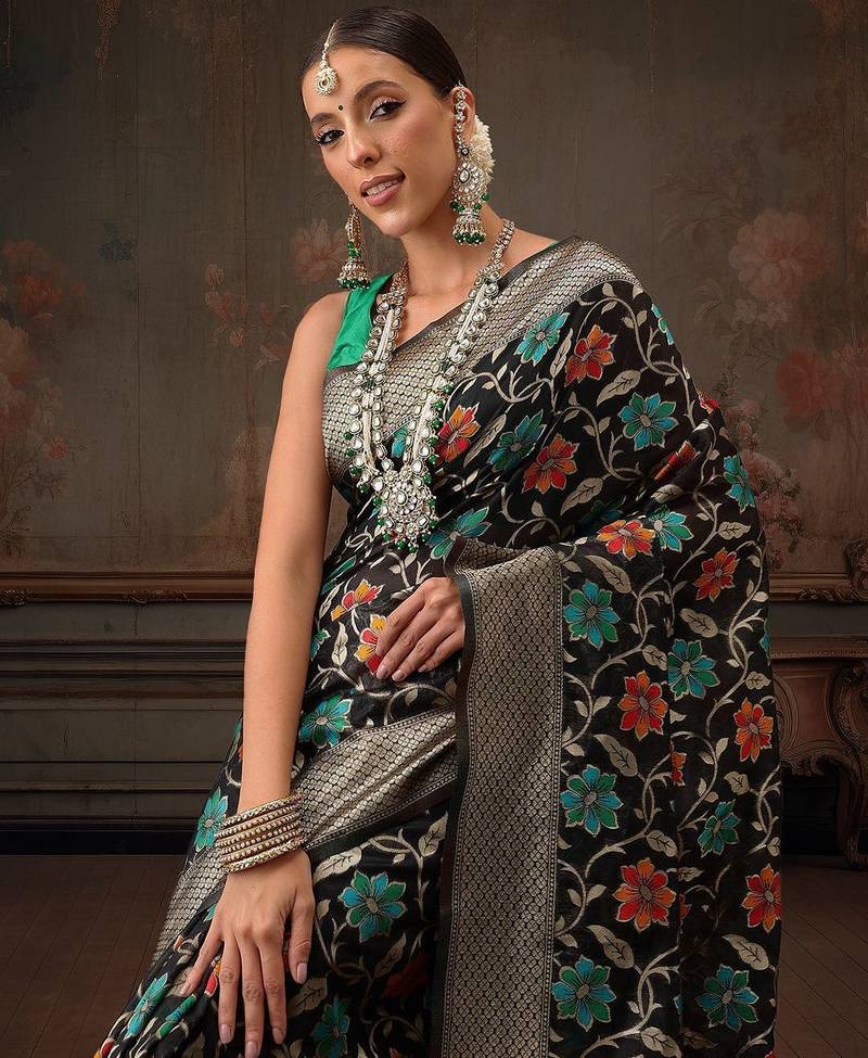 Black woven pure cotton ethnic saree with blouse piece