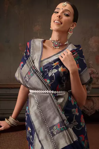 Navy blue woven pure cotton ethnic saree with blouse piece