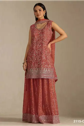 Orange faux georgette semi stitched suit with embroidery  & sequence work