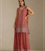 Orange faux georgette semi stitched suit with embroidery  & sequence work