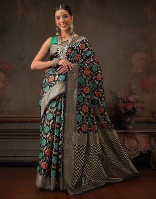 Black woven pure cotton ethnic saree with blouse piece 2