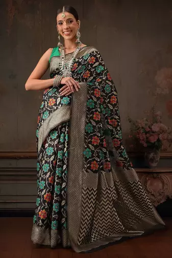 Black woven pure cotton ethnic saree with blouse piece