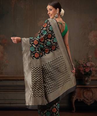 Black woven pure cotton ethnic saree with blouse piece 3