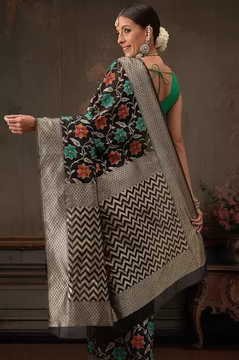 Black woven pure cotton ethnic saree with blouse piece