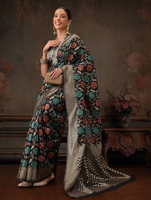 Black woven pure cotton ethnic saree with blouse piece 4