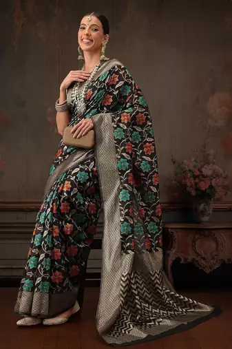 Black woven pure cotton ethnic saree with blouse piece