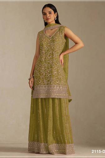 Mustard faux georgette semi stitched suit with embroidery  & sequence work