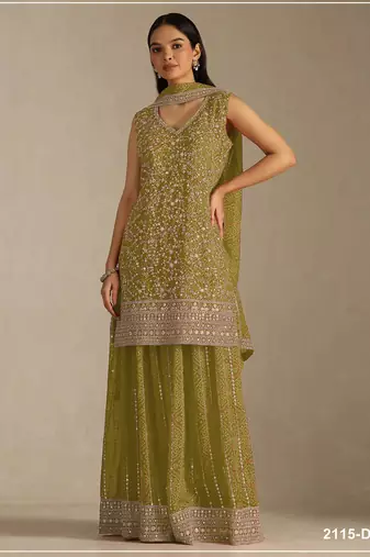 Mustard faux georgette semi stitched suit with embroidery  & sequence work