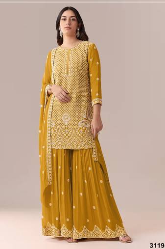 Yellow georgette semi stitched suit with embroidery beads & sequence work