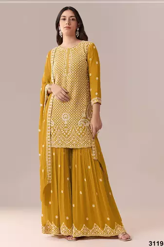 Yellow georgette semi stitched suit with embroidery beads & sequence work