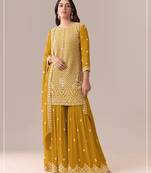 Yellow georgette semi stitched suit with embroidery beads & sequence work
