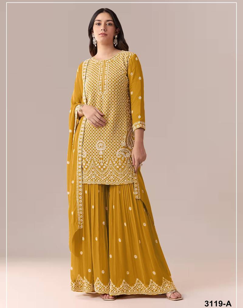 Yellow georgette semi stitched suit with embroidery beads & sequence work