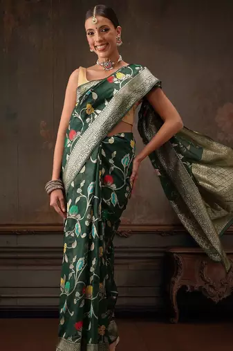 Green woven pure cotton ethnic saree with blouse piece