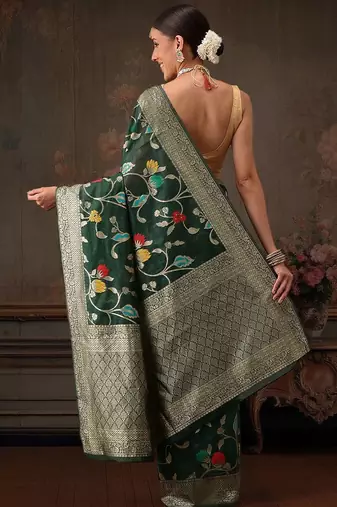 Green woven pure cotton ethnic saree with blouse piece