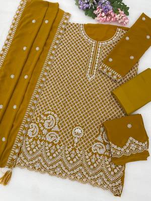 Yellow georgette semi stitched suit with embroidery beads & sequin  work 2