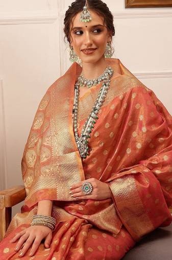 Pink woven tissue party wear saree with blouse piece