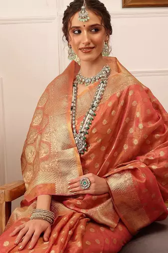 Pink woven tissue party wear saree with blouse piece