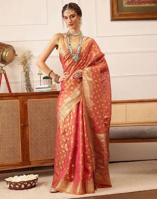 Pink woven tissue party wear saree with blouse piece 2