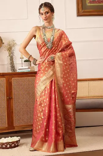 Pink woven tissue party wear saree with blouse piece