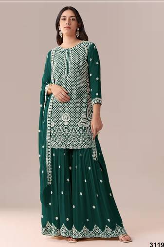 D green georgette semi stitched suit with embroidery beads & sequence work
