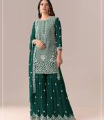 D green georgette semi stitched suit with embroidery beads & sequence work