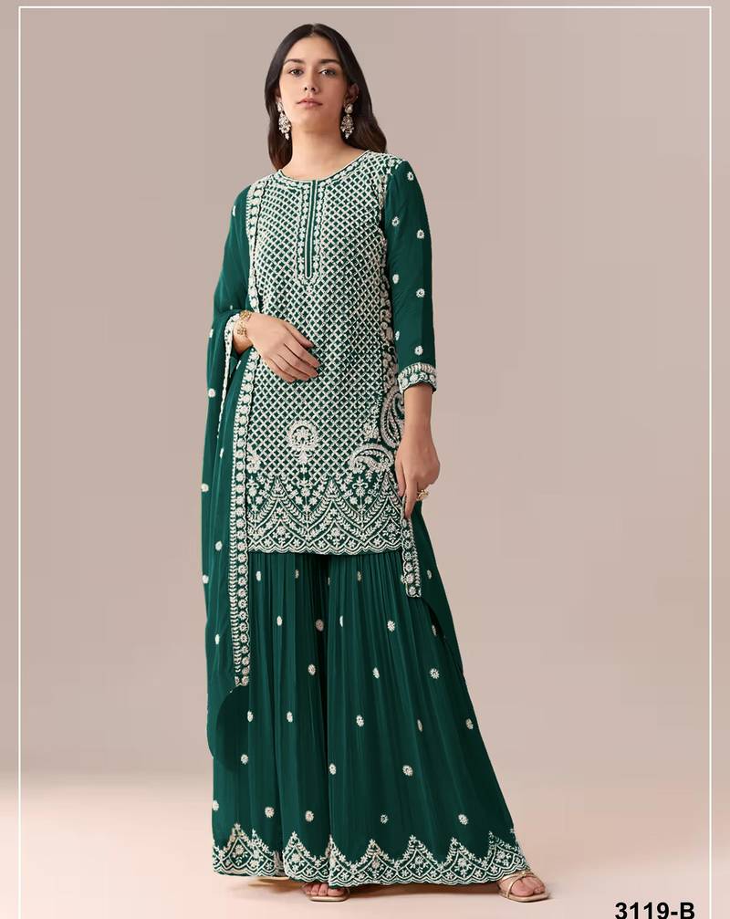 D green georgette semi stitched suit with embroidery beads & sequence work