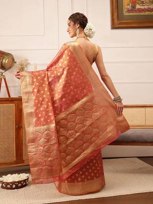 Pink woven tissue party wear saree with blouse piece 3
