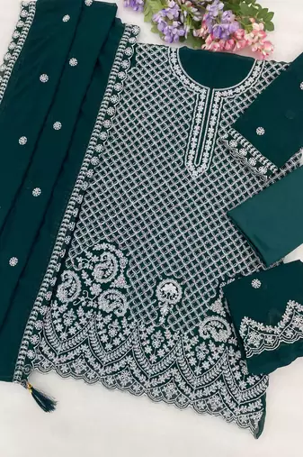 D green georgette semi stitched suit with embroidery beads & sequence work
