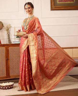 Pink woven tissue party wear saree with blouse piece 4