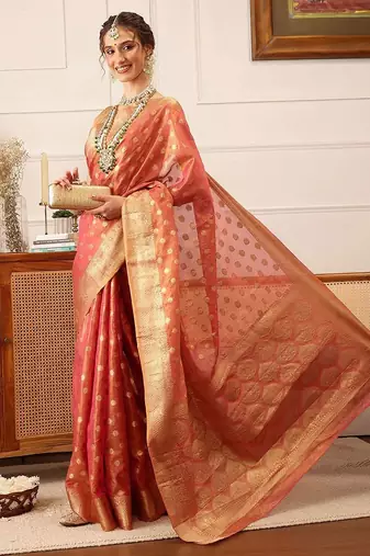 Pink woven tissue party wear saree with blouse piece