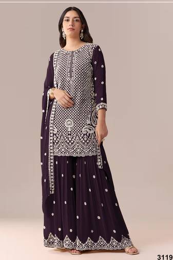D purple georgette semi stitched suit with embroidery beads & sequence work