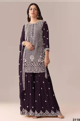 D purple georgette semi stitched suit with embroidery beads & sequence work