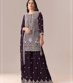 D purple georgette semi stitched suit with embroidery beads & sequence work