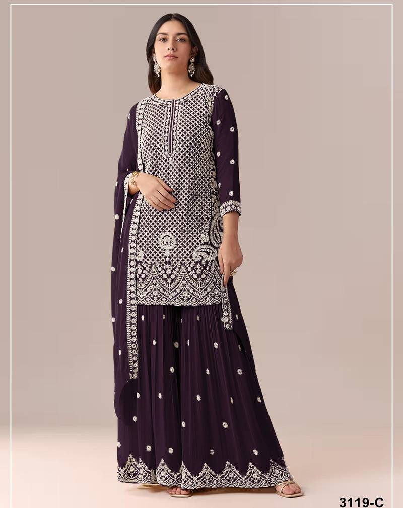 D purple georgette semi stitched suit with embroidery beads & sequence work