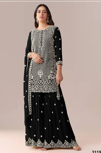 Black georgette semi stitched suit with embroidery beads & sequence work