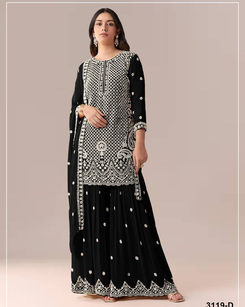 Black georgette semi stitched suit with embroidery beads & sequence work