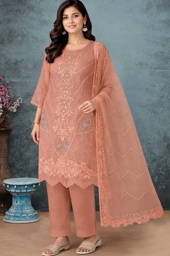 Peach chiffon semi stitched suit with embroidery thread & khatli work