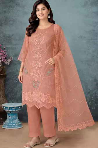 Peach chiffon semi stitched suit with embroidery thread & khatli work