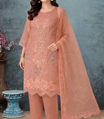 Peach chiffon semi stitched suit with embroidery thread & khatli work