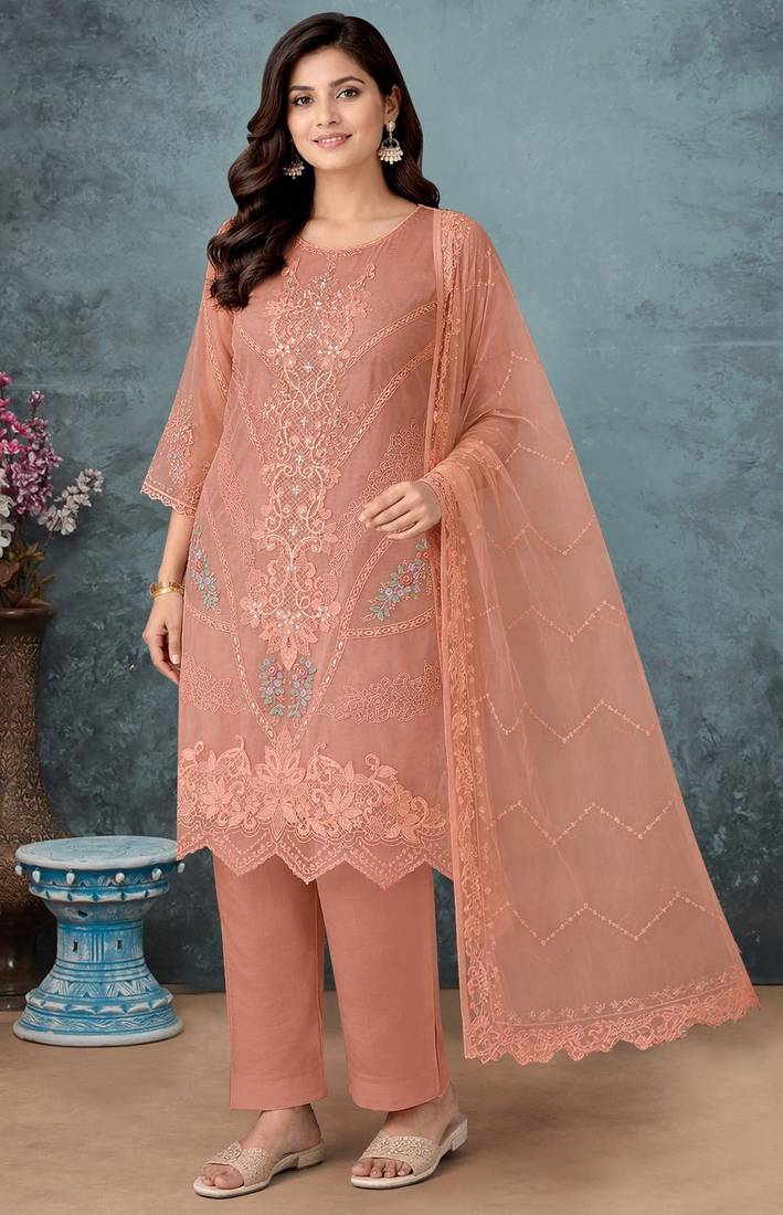 Peach chiffon semi stitched suit with embroidery thread & khatli work
