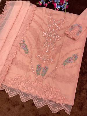 Peach chiffon semi stitched suit with embroidery thread & khatli work 2