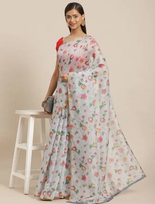 Grey printed organza ethnic saree with blouse piece 1