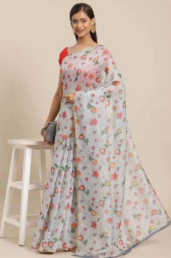 Grey printed organza ethnic saree with blouse piece