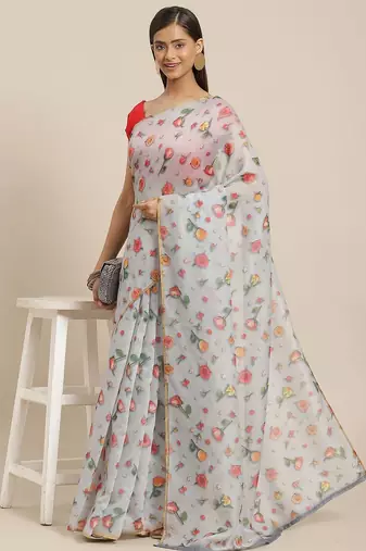 Grey printed organza ethnic saree with blouse piece