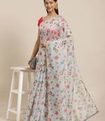 Grey printed organza ethnic saree with blouse piece