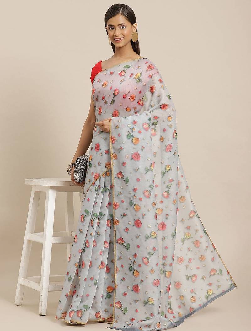 Grey printed organza ethnic saree with blouse piece